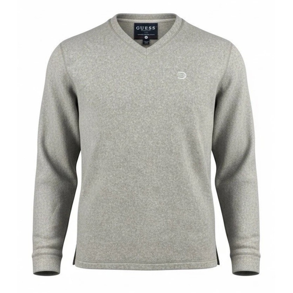 GUESS Fleece Pullover Mens Large Beige V Neck Logo Sweater Casual 5748BT53